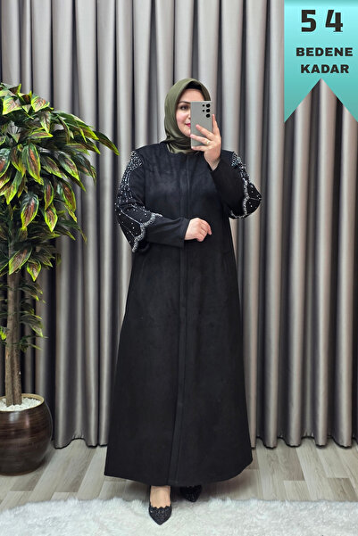 Elmas Tesettür Kadın Giyim Büyük Beden Süet Tam Boy Kolu Taşlı Bolerolu Pardesü