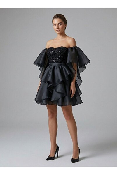 Tangül&Ali'S Moda Evi Kalp Yaka İşlemeli Siyah Tül Volan Kollu Prenses Mini A...