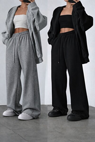 GERLAY İKİ ADET SİYAH GRİ ŞIK RAHAT KESİM EŞOFMAN ALTI