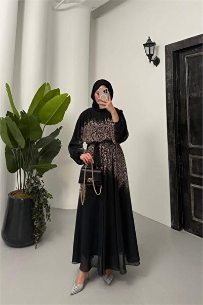 Dipmoda Leopard Printed Li Belt Detailed Chiffon Hijab Dress Nms055
