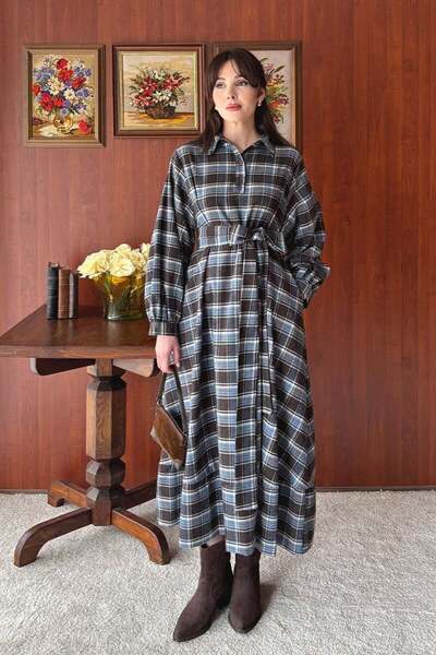 Ceylan Otantik Mavi Ekoseli Vintage Elbise