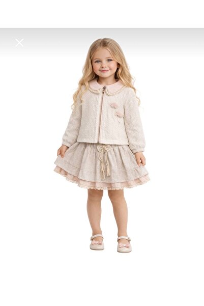 Bombili Yakalı Jakarlı Ceketli Etekli 3 Lü Kız Takım(18-24/2-3/3-4/4-5 yaş)