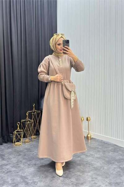 Dipmoda Women's Beige Gold Buttoned Bag Detailed Full Length Hijab Dress Nms077