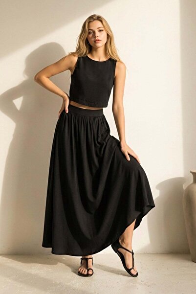 Trend Alaçatı Stili Women's Black Boat Neck Sleeveless Linen Cropped Blouse a...