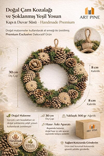 ART PINE DOĞAL ÇAM KOZALAĞI KAPI SÜSÜ 30 cm - Şoklanmış Yeşil Yosun Handmade ...