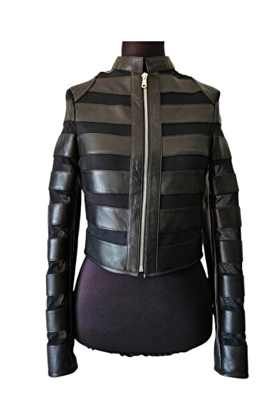 asus deri سترة نسائية سوداء جلد أصلي مخططة شفاف