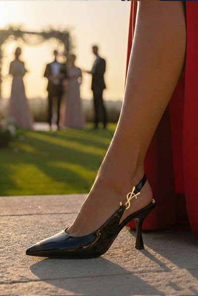 Moira Shoes Women's Black Patent Leather Gold Buckled Open-Back Evening Shoes with Goblet Heels (Size 41-42)