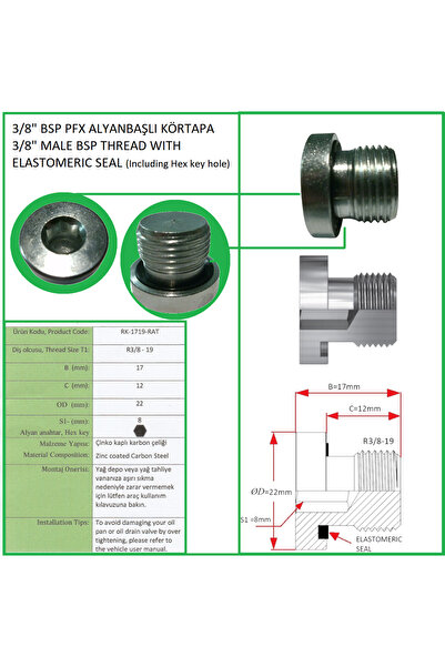 Rekorsan ALYAN BAŞLI CONTALI BSPP 3/8"-19 KÖR TAPA, MALE BSPP 3/8"-19 THREAD ...