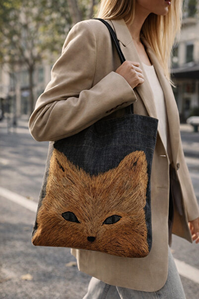 Smonday NAKIŞ DETAYLI KEDİ FİGÜRLÜ DENİM TOTE ÇANTA /DENİM TOTE BAG