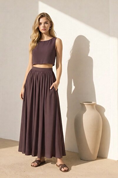 Trend Alaçatı Stili Women's Brown Boat Neck Sleeveless Linen Cropped Blouse a...