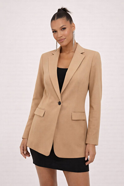 ETİKAFASHION Kadın Camel Blazer Ceket Klasik Tek Düğmeli Oversize Blazer