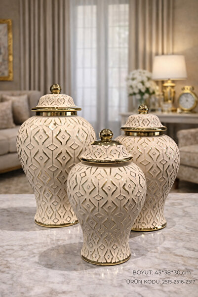 İSHTAR DEKOR Modern 3'Lü Krem Gold Geometrik Kabartma Desenli Kapaklı Seramik...
