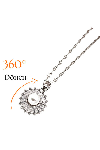 Siya Silver Steel Rotating Zircon Stone Round Stress Necklace