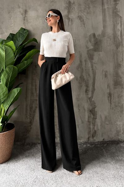 YAKAMEL FEMEI talie înaltă CIRTLI texturat elastic crep pantaloni palazzo