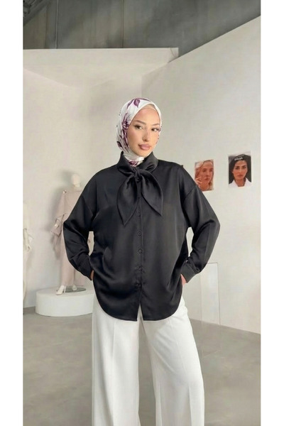Foremia Collar Detail Satin Tunic-Black