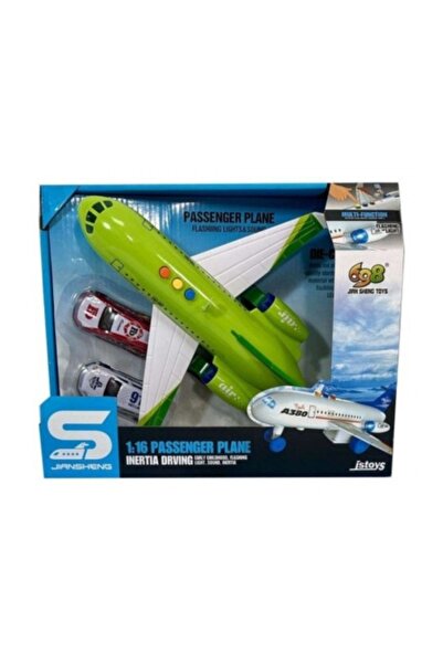 JS Toys Avion verde cu frictiune si 2 masinute, sunete si lumini, 1&#...