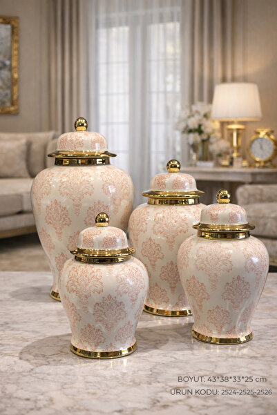 İSHTAR DEKOR Modern 4'Lü Şampanya Damask Desenli Gold Detaylı Kapaklı Seramik...