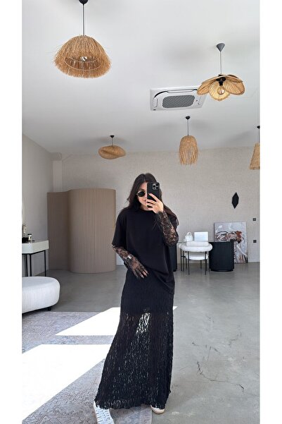 Buket Teke Fusta neagră dantelă Maxi cu talie elastică