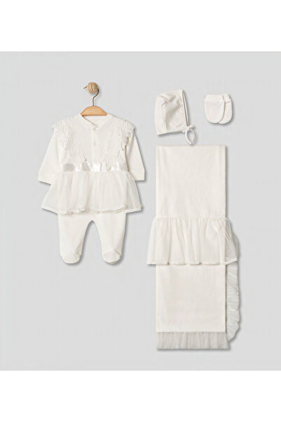 Pugi Baby Newborn Baby Girl Lace Detailed 4-Piece Hospital Discharge Set Tull...