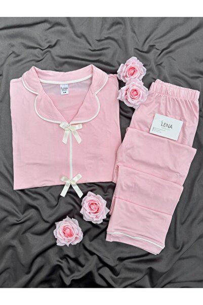 Lena Homewears Set de pijamale roz cu fundă în față și mâneci scurte
