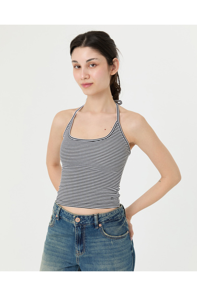 Ayma Active Black Striped Halter Neck Tank Top Tie-Detail