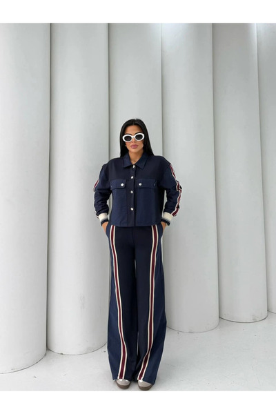 cemo Kadın Şerit Detaylı Geniş Paça Pantolon ve Ceket Takım