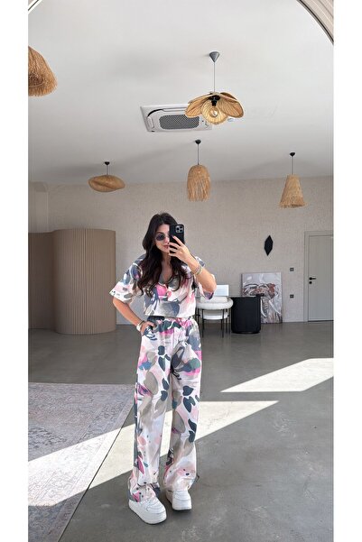 Buket Teke Pink Patterned Multicolor Poplin Blouse Set