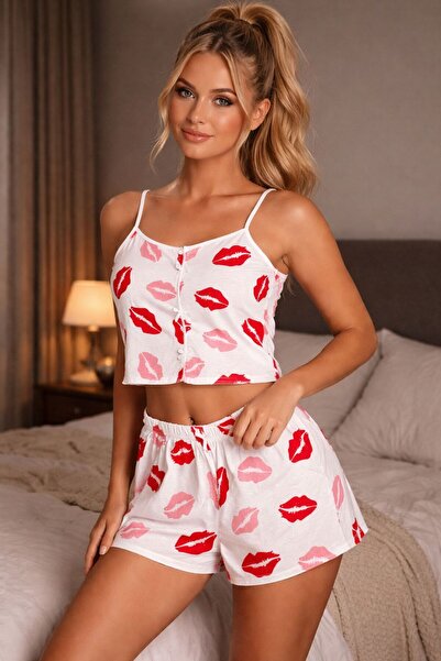 SWARO Shorts Set with Straps and Lip Print Pattern