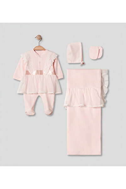 Pugi Baby Newborn Baby Girl Lace Detailed 4-Piece Hospital Discharge Set Tull...