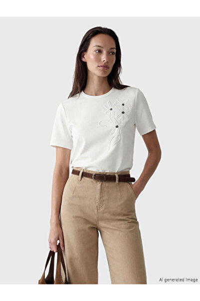 LC Waikiki Bluză Ecru guler rotund cu broderie florală