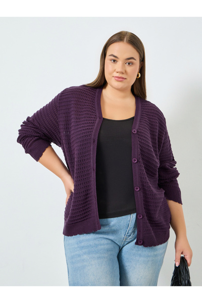 Styli كارديجان أرجواني محبوك بأزرار، مقاسات كبيرة