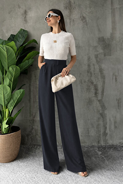 YAKAMEL ŽENE Visok struk VELCRO Teksturirano Elastično Krep Palazzo pantalone