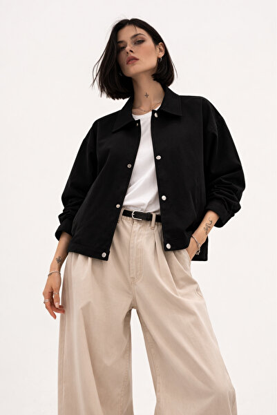 freemen سترة نسائية كبيرة الحجم بياقة بولو أسود اللون قماش غبردين موسمي