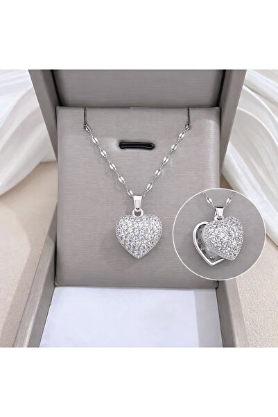 Siya Silver قلادة نسائية من الفولاذ على شكل قلب مرصع بالزركون T مرصّع بالأحجار