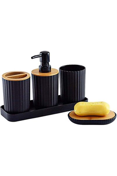 Arabest 5-Piece Bathroom Accessories Set, Bamboo and Plastic Soap Dispenser K...