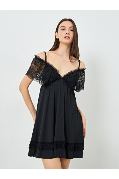 Take Two By Styli Black Lace Trim Slip Dress