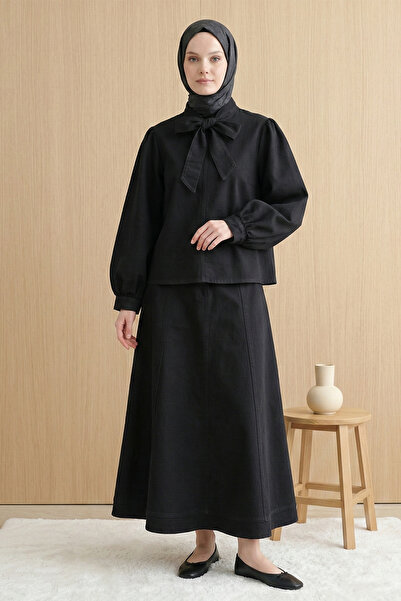 FERHEL Yakası Tie-Detail Denim Suit with Zippered Skirt and Hijab - Black