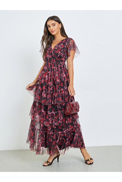 Styli Floral Layered Mesh Tiered Maxi Dress