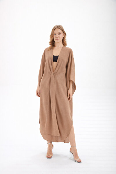 By Yaren Yazıcı Sand Beige Flywheel Sleeve Detail Tie-Detail Design Slit Card...