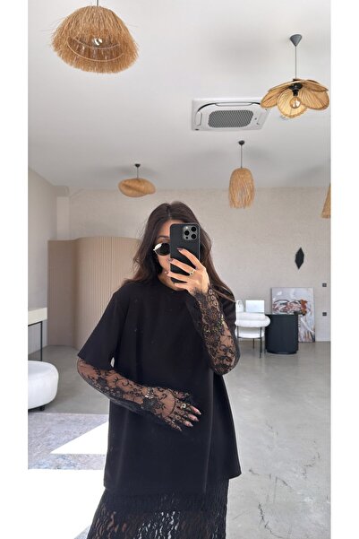 Buket Teke Μαύρα Μανίκια Δαντέλα τεμάχια Μοντάλ Μπλουζάκια