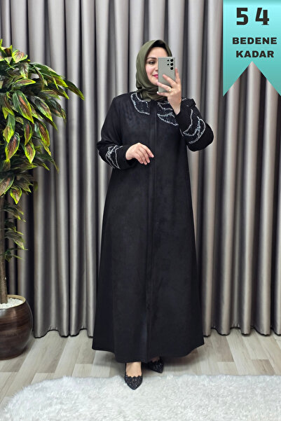 Elmas Tesettür Kadın Giyim Büyük Beden Süet Tam Boy İstiridye Taşlı Pardesü