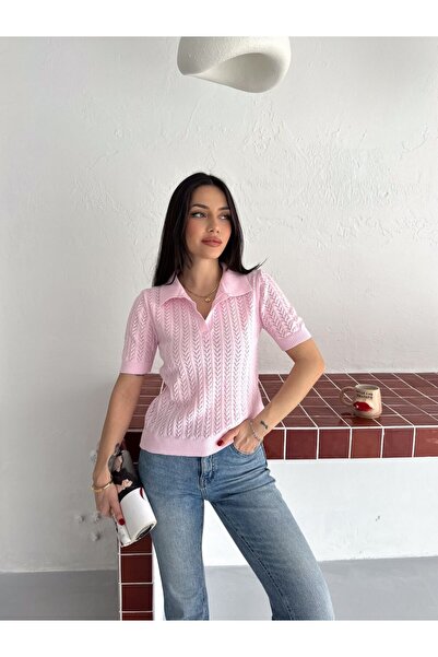 LE CARAMBOLE Women's Pink Woven Detailed Short Sleeve Knitwear Blouse