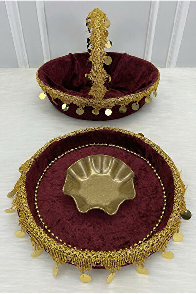 ZEYMERADE Bordo Gelin Kına Gecesi Tepsi Ve Sepeti, Gold Pullu Ve Güpürlü Kadi...