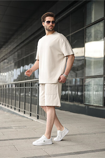 Madmext Stone Color Crew Neck Oversized Men's Shorts T-Shirt Set E7355