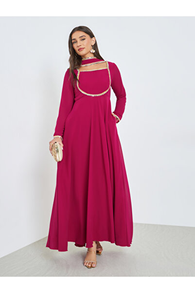 Styli Pink Square Neck Mirror-Work Maxi Dress with Scarf