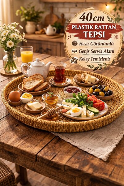 TOYFEST Natural Wicker Look Plastic Rattan Tray Round Decorative Serving Tray...