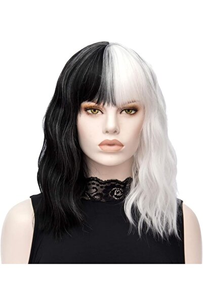 NO BRAND Perucă alb-negru - Perucă sintetică pentru femei, jumătate neagră, j...