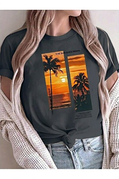 JENOLAN Tricou de damă oversize cu imprimeu apus de soare, lejer
