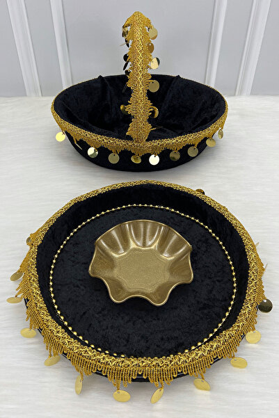 ZEYMERADE Siyah Gelin Kına Gecesi Tepsi Ve Sepeti, Gold Pullu Ve Güpürlü Kadi...