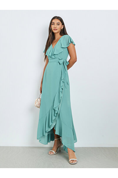 Styli Green Solid Wrap Front Ruffle Maxi Dress